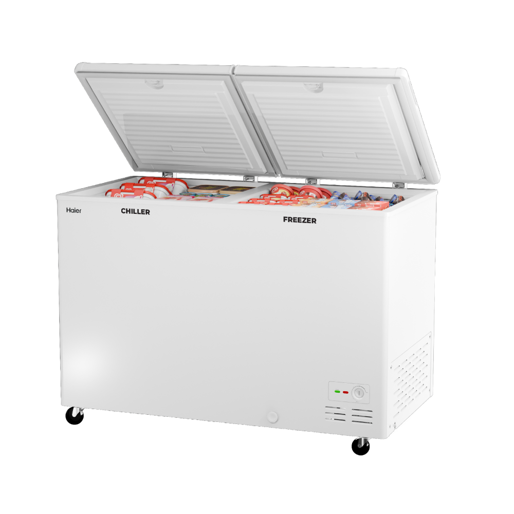 Haier 400 ltr, double door -  Embossed Titanium Grey colour,Dual Compartment Combo Chest Freezer